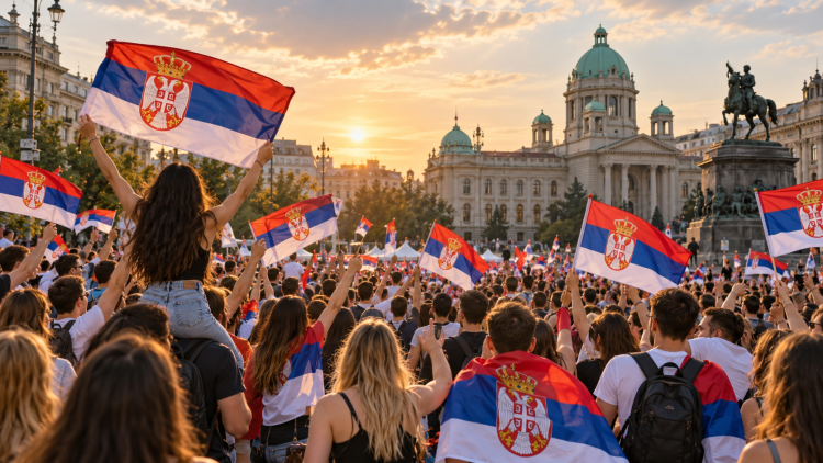 Folla di giovani festanti con bandiere della Serbia, illustrazione generata con IA.