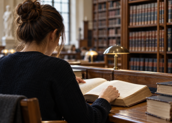 Studentessa di diritto vista di spalle mentre consulta volumi in una biblioteca universitaria.