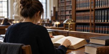 Studentessa di diritto vista di spalle mentre consulta volumi in una biblioteca universitaria.