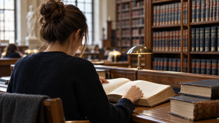 Studentessa di diritto vista di spalle mentre consulta volumi in una biblioteca universitaria.