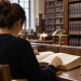 Studentessa di diritto vista di spalle mentre consulta volumi in una biblioteca universitaria.