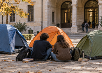Tende da campeggio e giovani visti di spalle nel cortile di un edificio universitario.