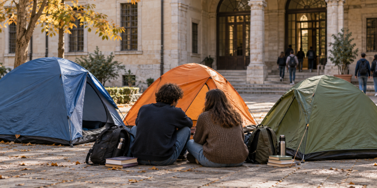 Tende da campeggio e giovani visti di spalle nel cortile di un edificio universitario.