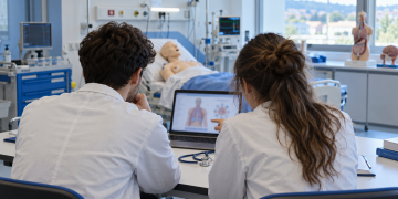Due giovani in camice studiano al computer in un laboratorio di simulazione sanitaria.