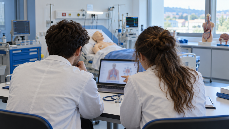 Due giovani in camice studiano al computer in un laboratorio di simulazione sanitaria.