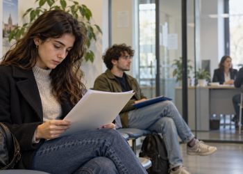 Due giovani con documenti in mano attendono un colloquio di lavoro in una sala d’attesa.