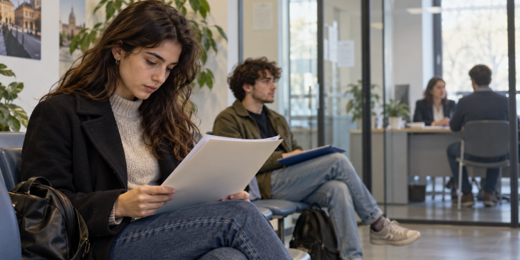 Due giovani con documenti in mano attendono un colloquio di lavoro in una sala d’attesa.