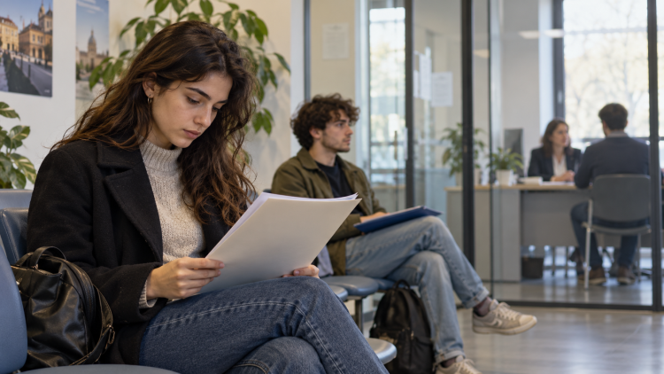 Due giovani con documenti in mano attendono un colloquio di lavoro in una sala d’attesa.