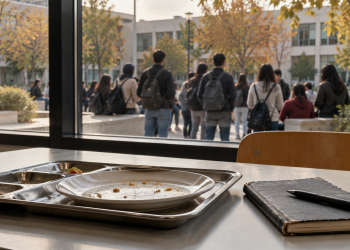 mmagine simbolica: vassoio e quaderno in una mensa, con studenti di spalle nel cortile universitario.