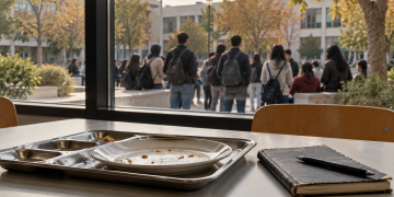 mmagine simbolica: vassoio e quaderno in una mensa, con studenti di spalle nel cortile universitario.