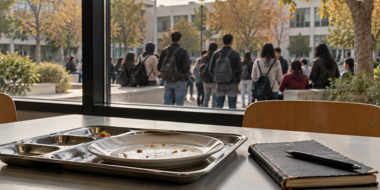 mmagine simbolica: vassoio e quaderno in una mensa, con studenti di spalle nel cortile universitario.