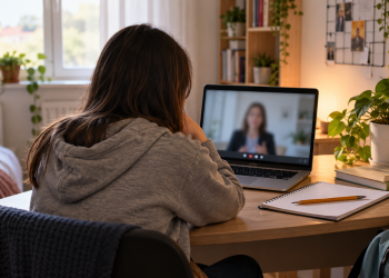 Studentessa ripresa di spalle davanti a un computer durante un colloquio psicologico online.