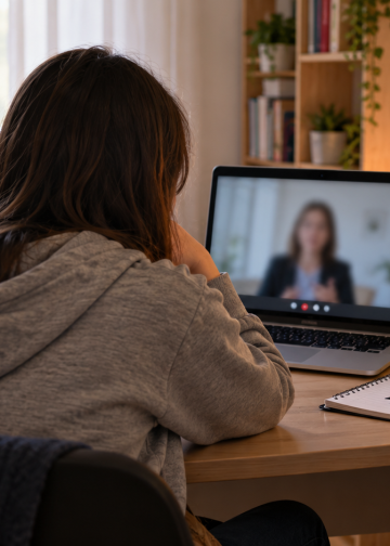 Studentessa ripresa di spalle davanti a un computer durante un colloquio psicologico online.