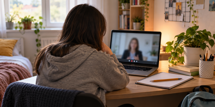 Studentessa ripresa di spalle davanti a un computer durante un colloquio psicologico online.
