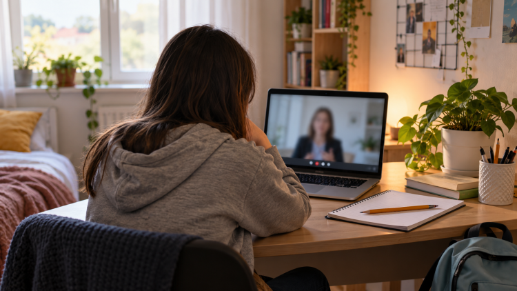 Studentessa ripresa di spalle davanti a un computer durante un colloquio psicologico online.