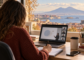 Studentessa segue una lezione online al computer con il golfo di Napoli sullo sfondo.