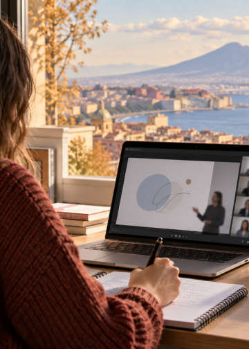 Studentessa segue una lezione online al computer con il golfo di Napoli sullo sfondo.