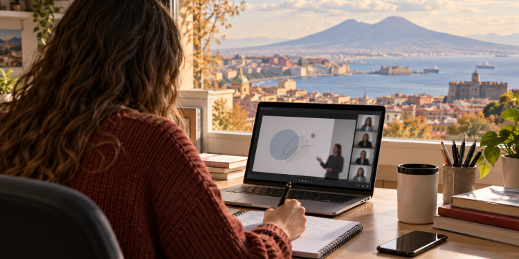 Studentessa segue una lezione online al computer con il golfo di Napoli sullo sfondo.