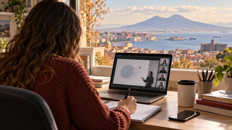 Studentessa segue una lezione online al computer con il golfo di Napoli sullo sfondo.